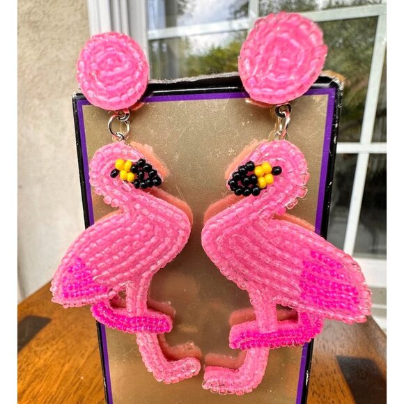 Flamingo Earrings Beaded Dangle Post Pink Statement Jewelry New Caribbea… - Picture 2 of 12